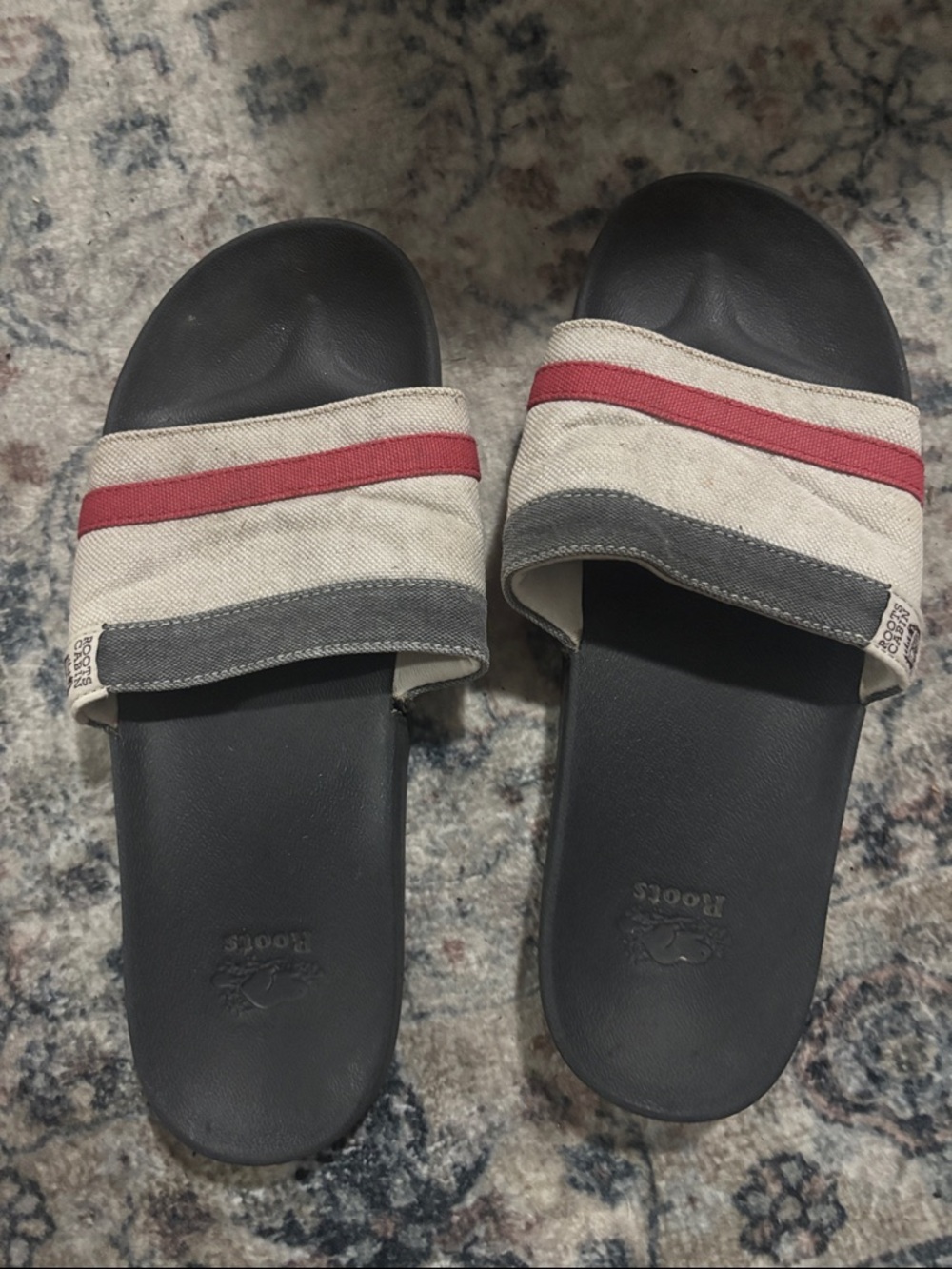 2/$15 Roots Black Slide Sandals with Red and Cream Striped Strap Ladies